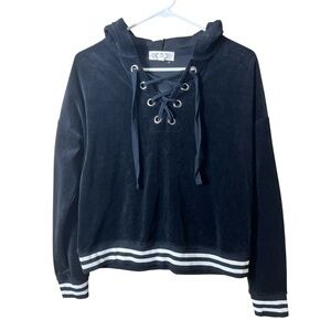 Pink Rose Black Velvet Lace-Up Hoodie Size M – Y2K Velour Streetwear Athleisure